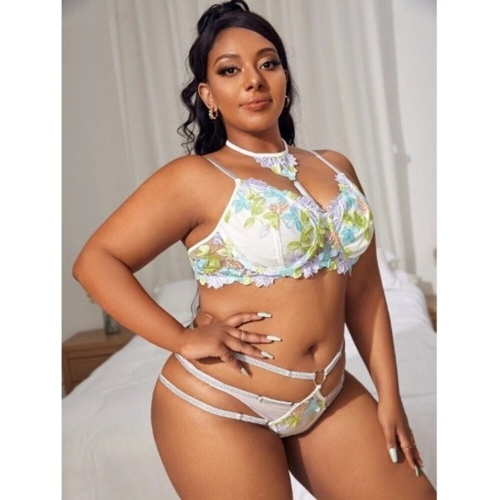1X Plus Floral Embroidery Mesh Underwire Lingerie Set